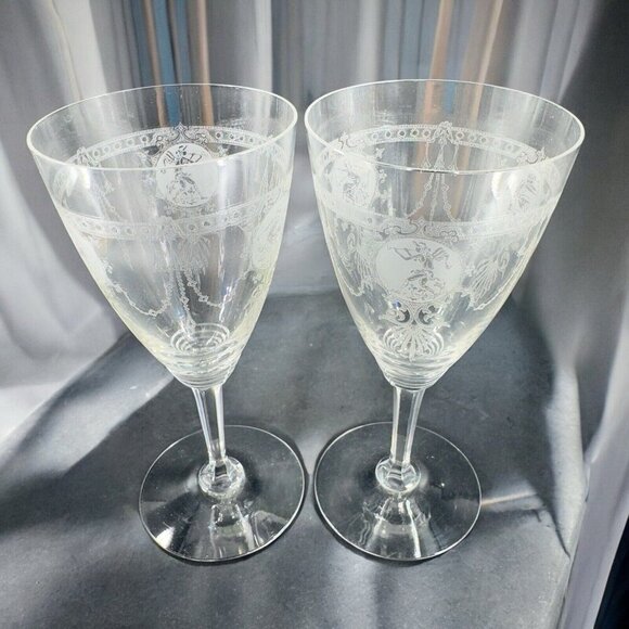 Heisey Pied Piper Etched Crystal Water Goblet Delicate Stemware Glasses Set 2 - Picture 2 of 10